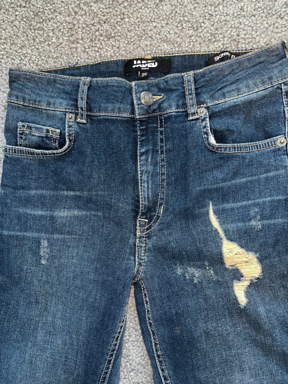 JADED LONDON Y2K Distressed Ripped Side Snap Skinny Flare Blue Denim Jeans - 25 - Picture 2 of 14